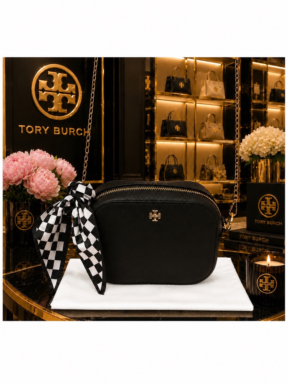 Tory Burch Robinson Round Chain Camera Bag with Free Bag Scarf & Dust Bag.